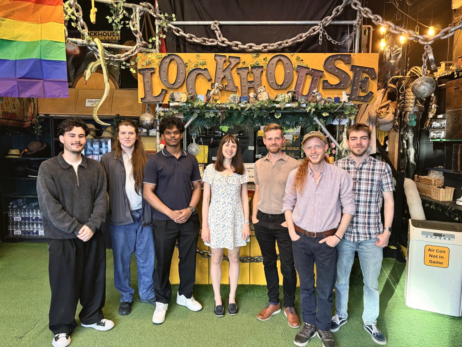 Seven of the team at the Lockhouse escape rooms in Cambridge