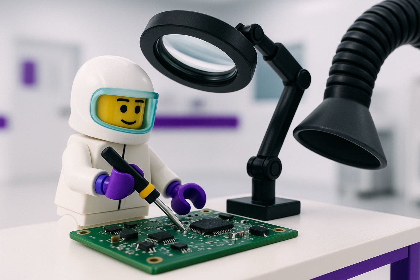 A LEGO figure in a white cleanroom suit soldering a green circuit board under a magnifying lamp.