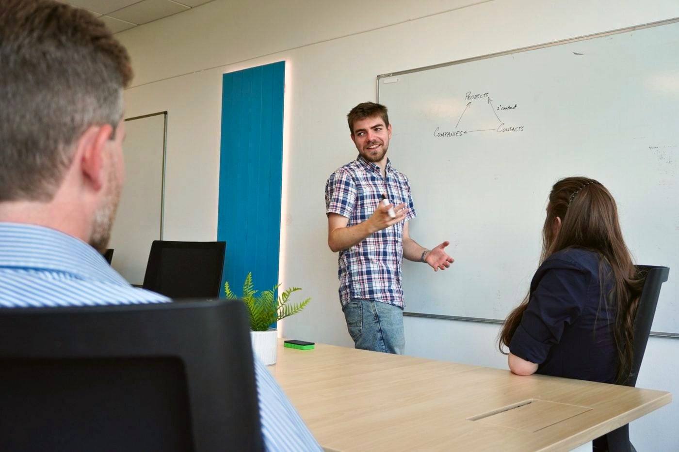 Gabriel mapping how a client’s companies, contacts and projects connect on a whiteboard