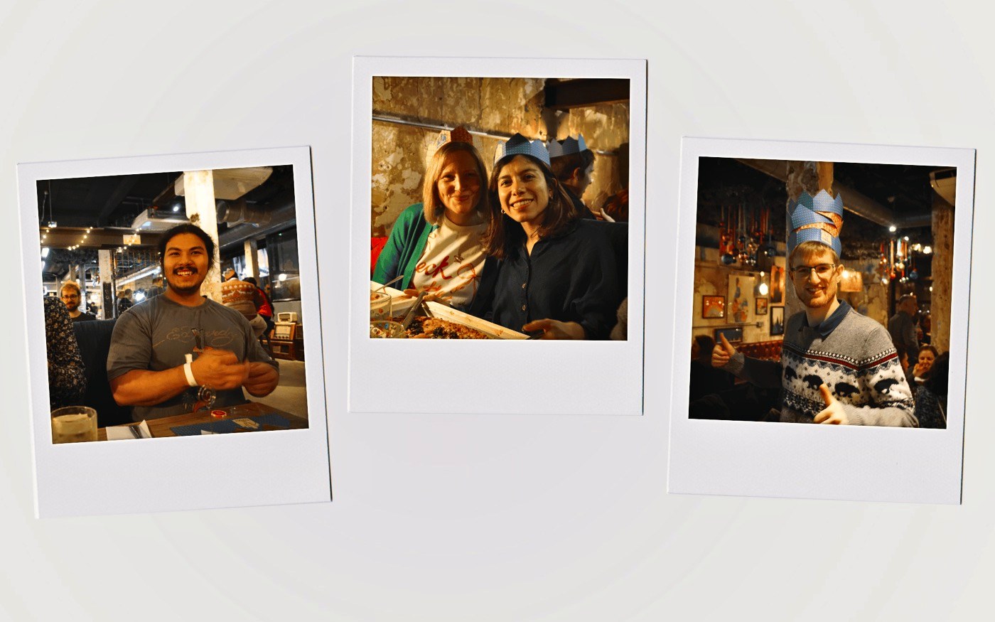 Three polaroid photos of the team at the Christmas party