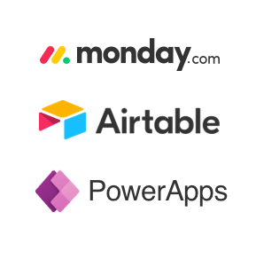 Logos of three app builders: Monday.com, Airtable and PowerApps
