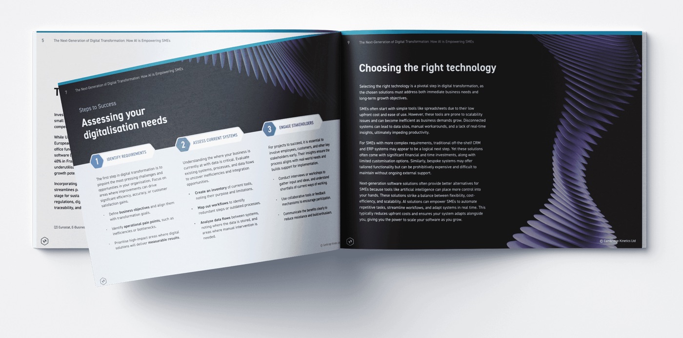Two open spreads from the white paper: assessing your digitalisation needs, and choosing the right technology