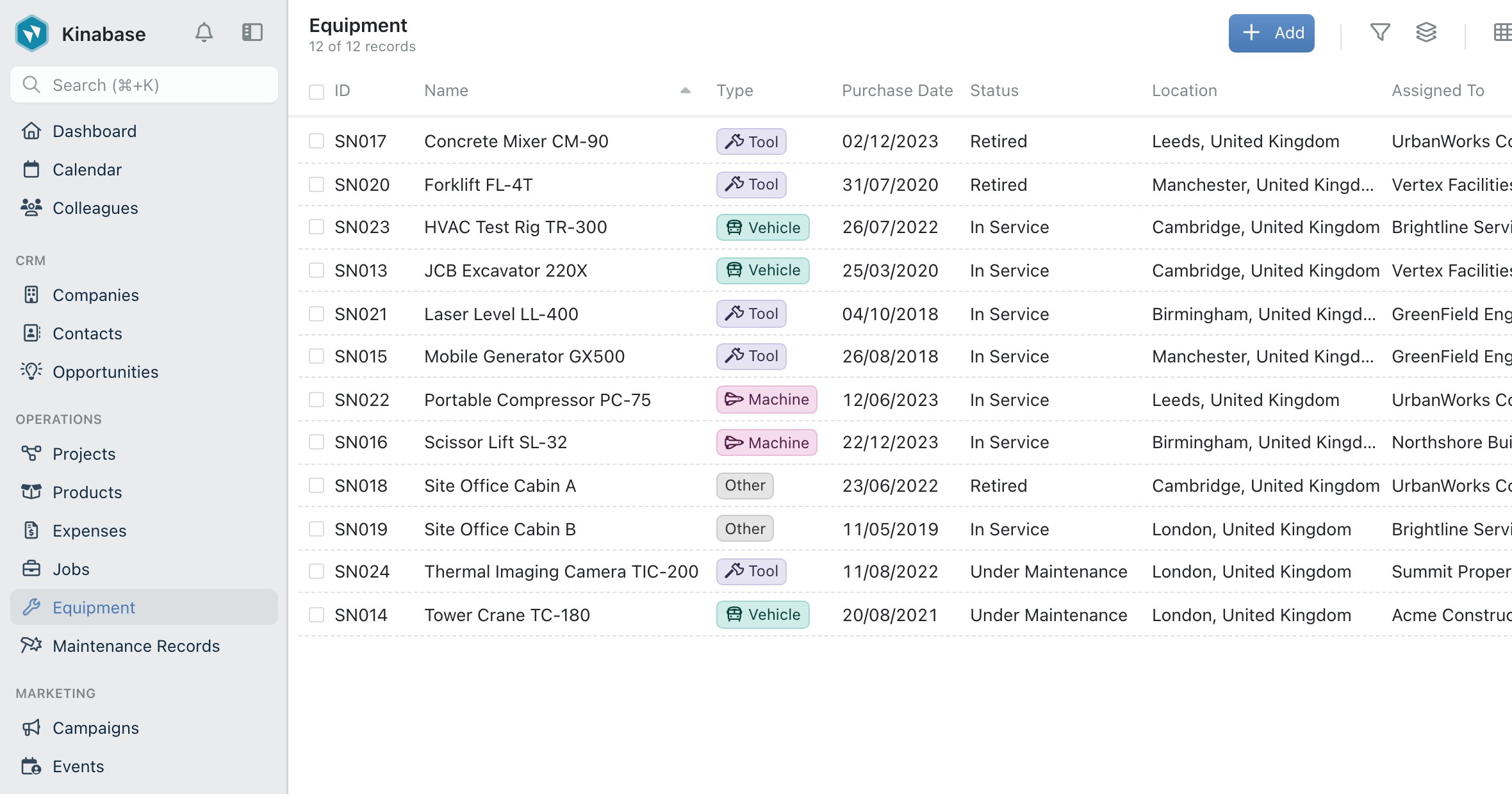 Kinabase showing an equipment register: tools, vehicles and machines, each with its purchase date, status and location